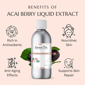 Bottle of Acai Berry Liquid Extract with benefits listed on a pink background