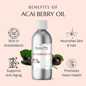 Bottle of Acai Berry Oil with benefits listed on a pink background