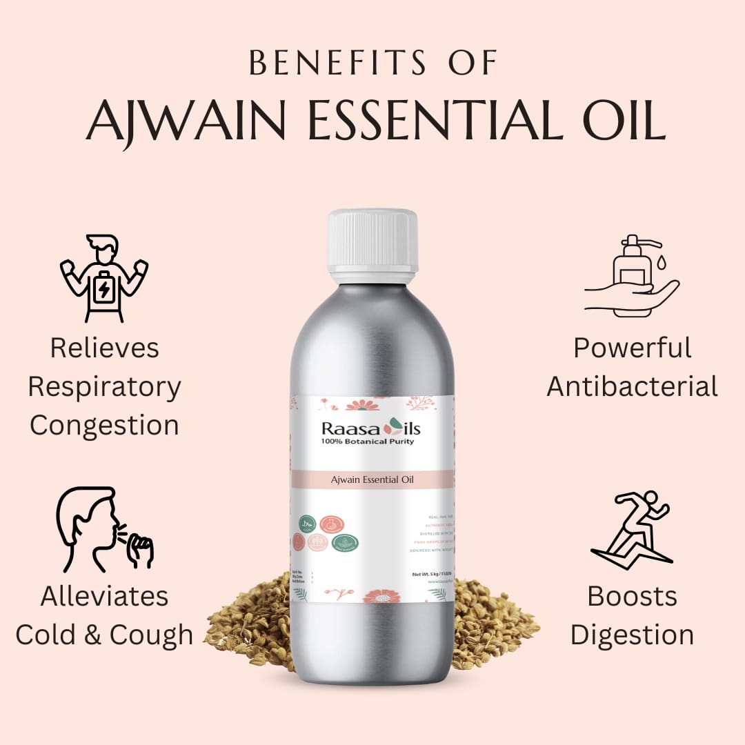 Bottle of Ajwain essential oil with benefits listed on a pink background