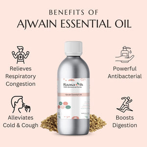 Bottle of Ajwain essential oil with benefits listed on a pink background