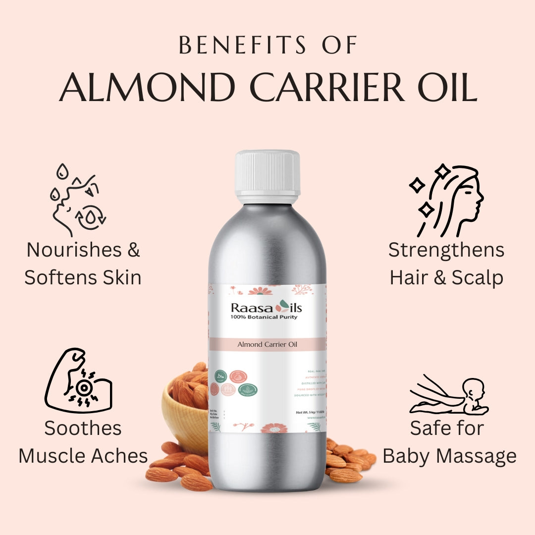 Bottle of Raasa Oils almond carrier oil with benefits listed on a pink background