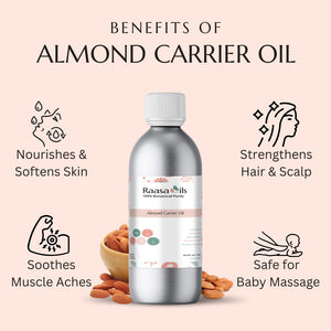 Bottle of Raasa Oils almond carrier oil with benefits listed on a pink background