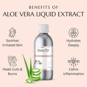 Bottle of Raasa Oils Aloe Vera Liquid Extract with benefits listed on a pink background