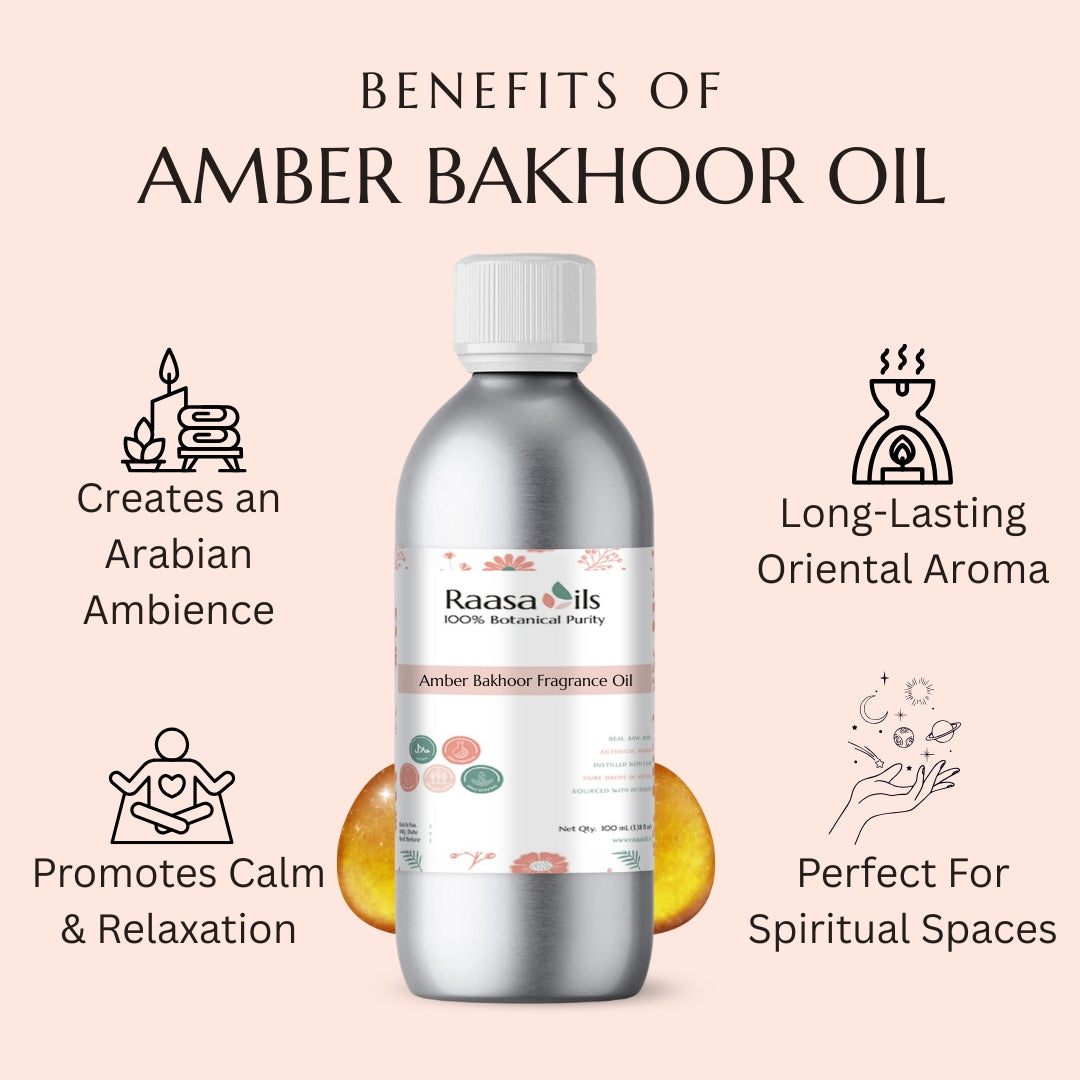 Bottle of Amber Bakhoor Oil with benefits listed on a pink background
