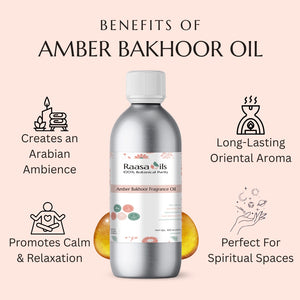 Bottle of Amber Bakhoor Oil with benefits listed on a pink background