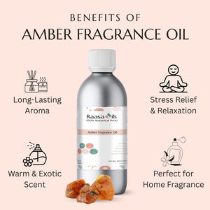 Bottle of Raasa Oils Amber Fragrance Oil with benefits listed on a pink background