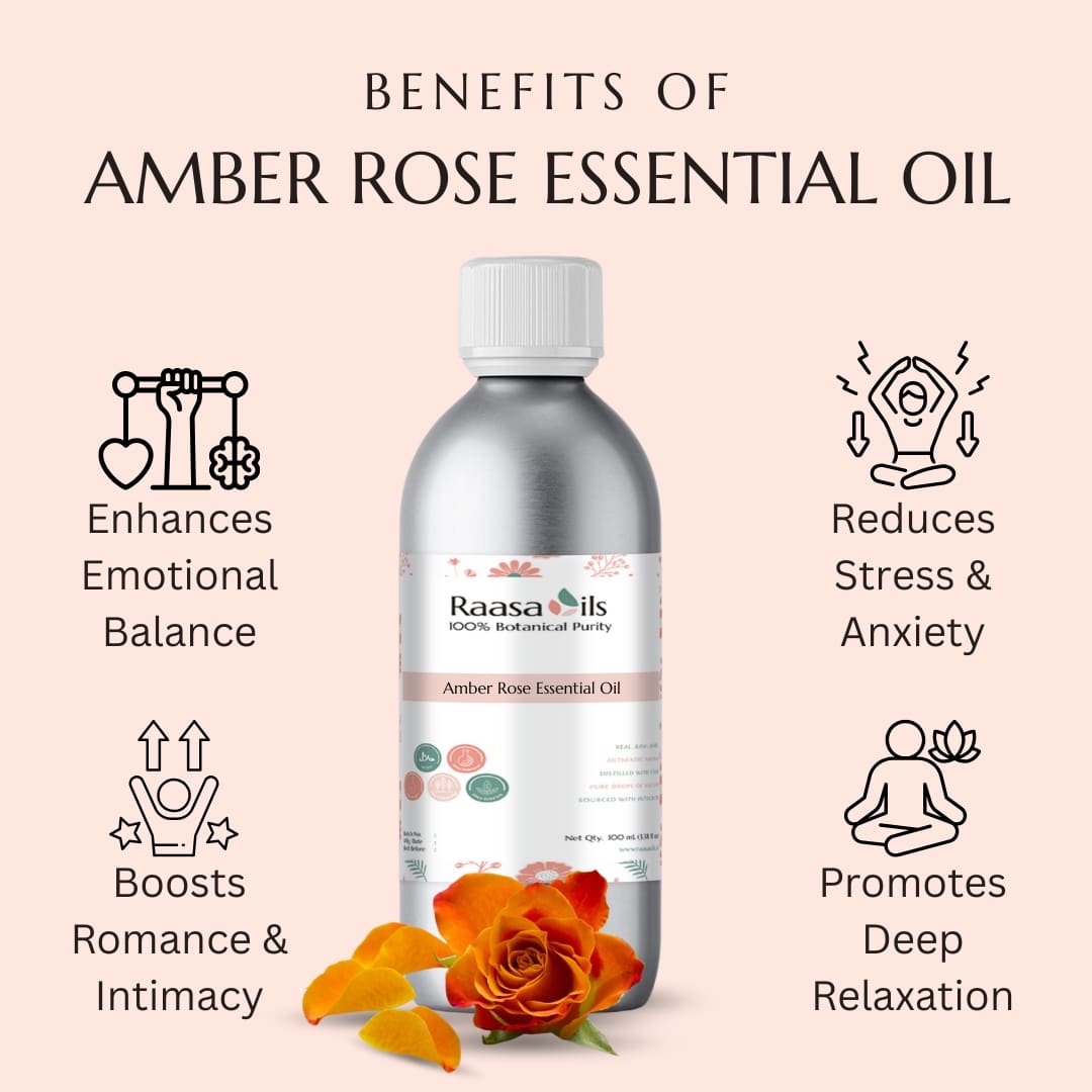 Raasa Oils Amber Rose Essential Oil bottle with benefits listed on a beige background