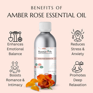 Raasa Oils Amber Rose Essential Oil bottle with benefits listed on a beige background