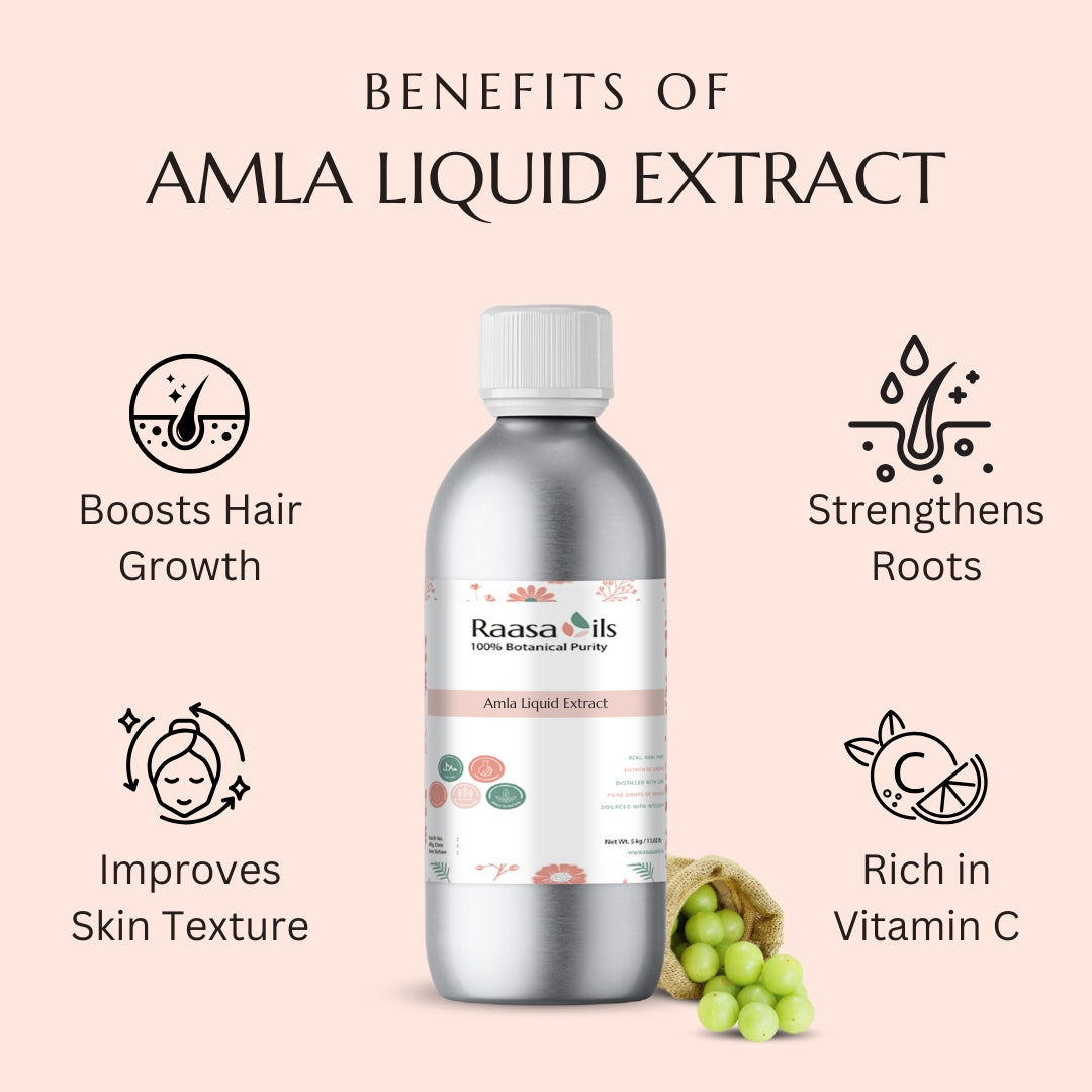 Bottle of Raasa Oils Amla Liquid Extract with benefits listed on a pink background