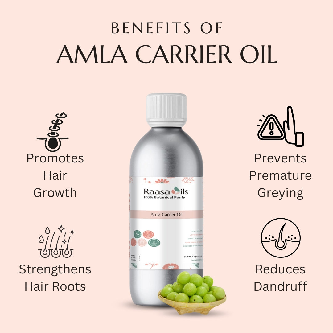 Amla carrier oil bottle with benefits listed on a pink background