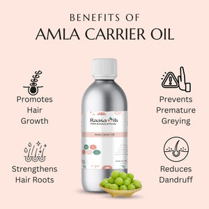 Amla carrier oil bottle with benefits listed on a pink background