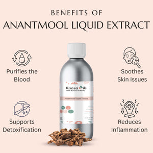 Raasa Oils Anantmool Liquid Extract bottle with benefits listed on a beige background