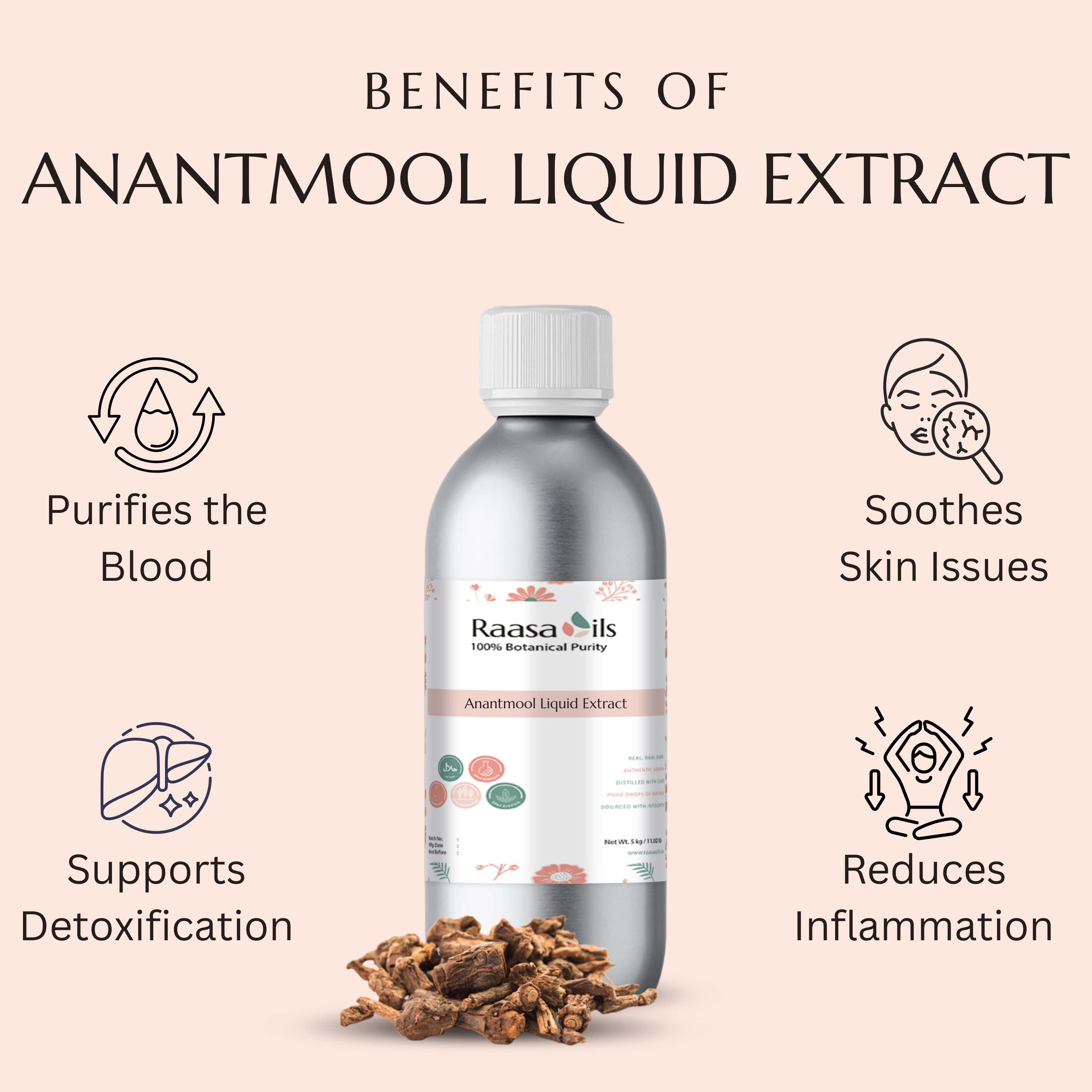 Raasa Oils Anantmool Liquid Extract bottle with benefits listed on a beige background