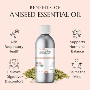 Aniseed essential oil bottle with benefits listed on a pink background