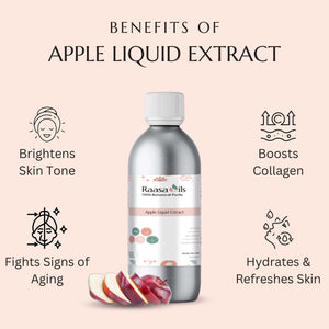 Raasa Oils Apple Liquid Extract bottle with benefits listed on a pink background