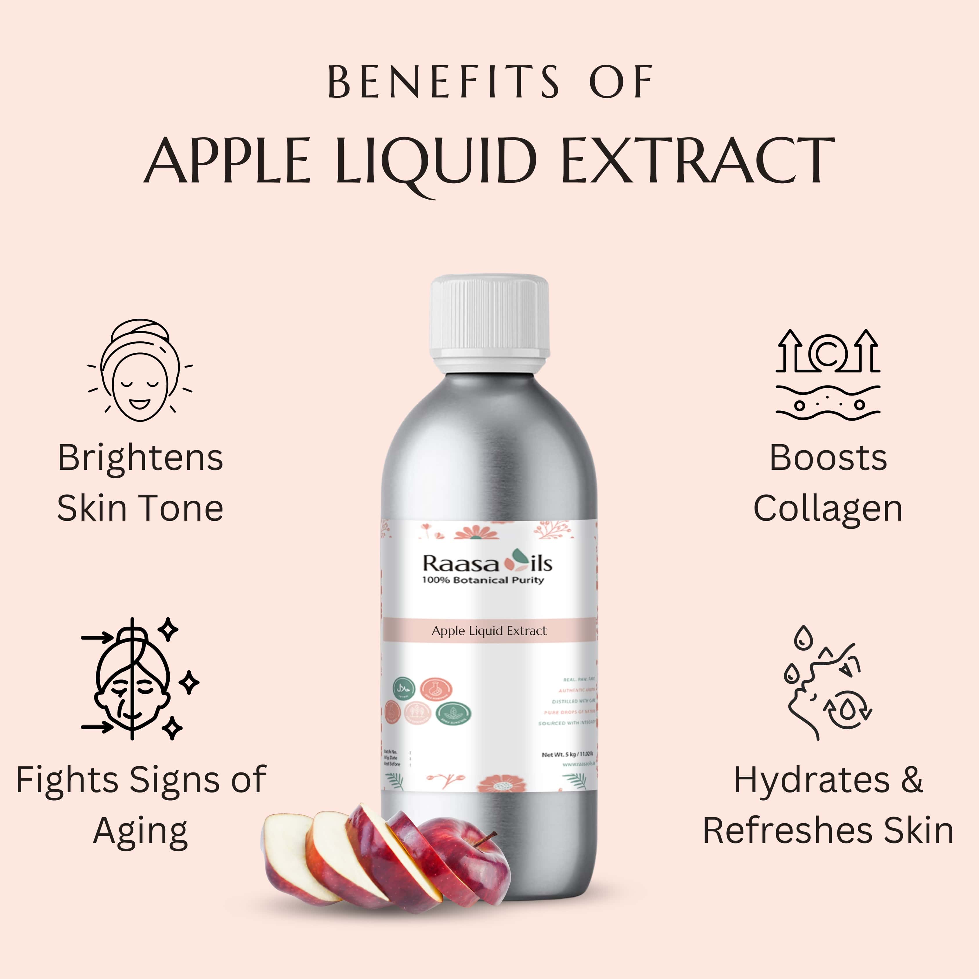 Raasa Oils Apple Liquid Extract bottle with benefits listed on a pink background
