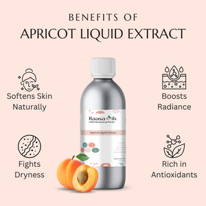 Raasa Oils apricot liquid extract bottle with benefits listed on a pink background