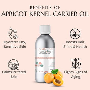 Raasa Oils apricot kernel carrier oil bottle with benefits listed on a pink background