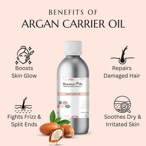 Bottle of Raasa Oils Argan Carrier Oil with benefits listed on a pink background