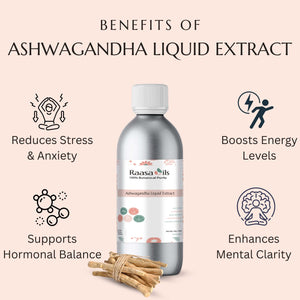 Bottle of Raasa Oils Ashwagandha Liquid Extract with benefits listed on a light pink background