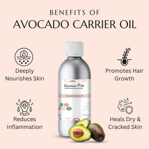 Raasa Oils Avocado Carrier Oil with benefits listed on a pink background