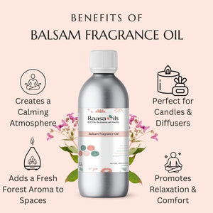 Balsam fragrance oil bottle with benefits listed on a light pink background