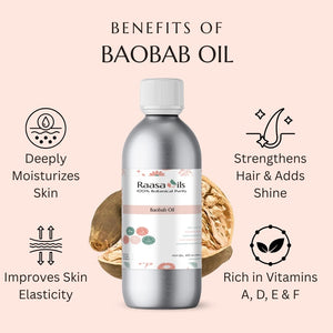 Bottle of Raasa Oils Baobab Oil with benefits listed on a pink background
