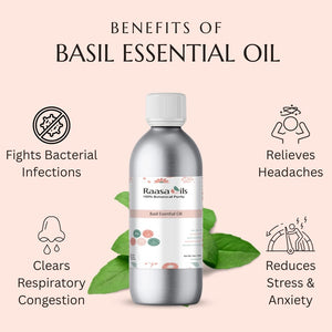 Bottle of Raasa Oils basil essential oil with benefits listed on a light pink background