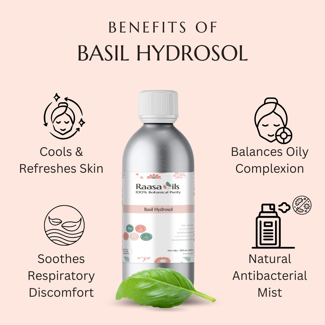 Basil hydrosol bottle with benefits listed on a pink background