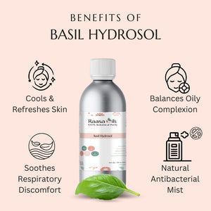 Basil hydrosol bottle with benefits listed on a pink background
