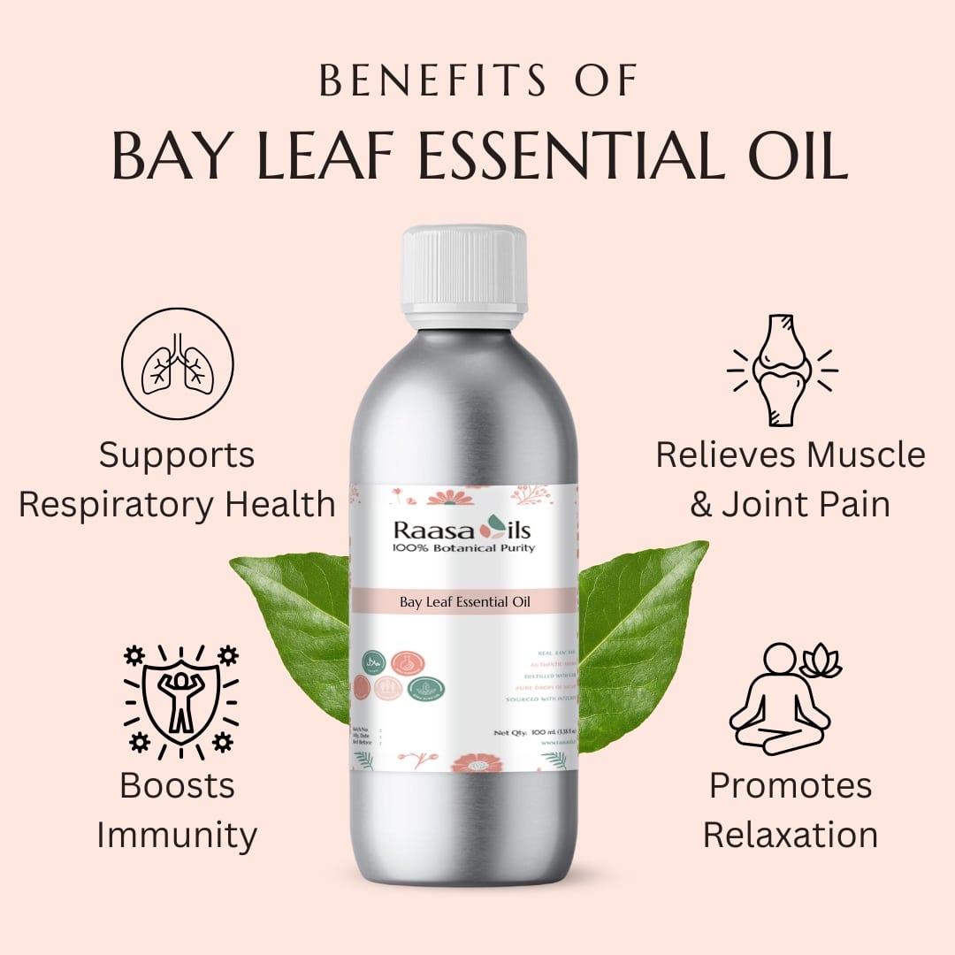 Bay Leaf Essential Oil bottle with benefits on a pink background
