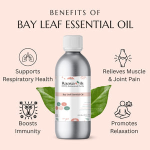 Bay Leaf Essential Oil bottle with benefits on a pink background