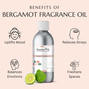 Bergamot fragrance oil bottle with benefits listed on a beige background