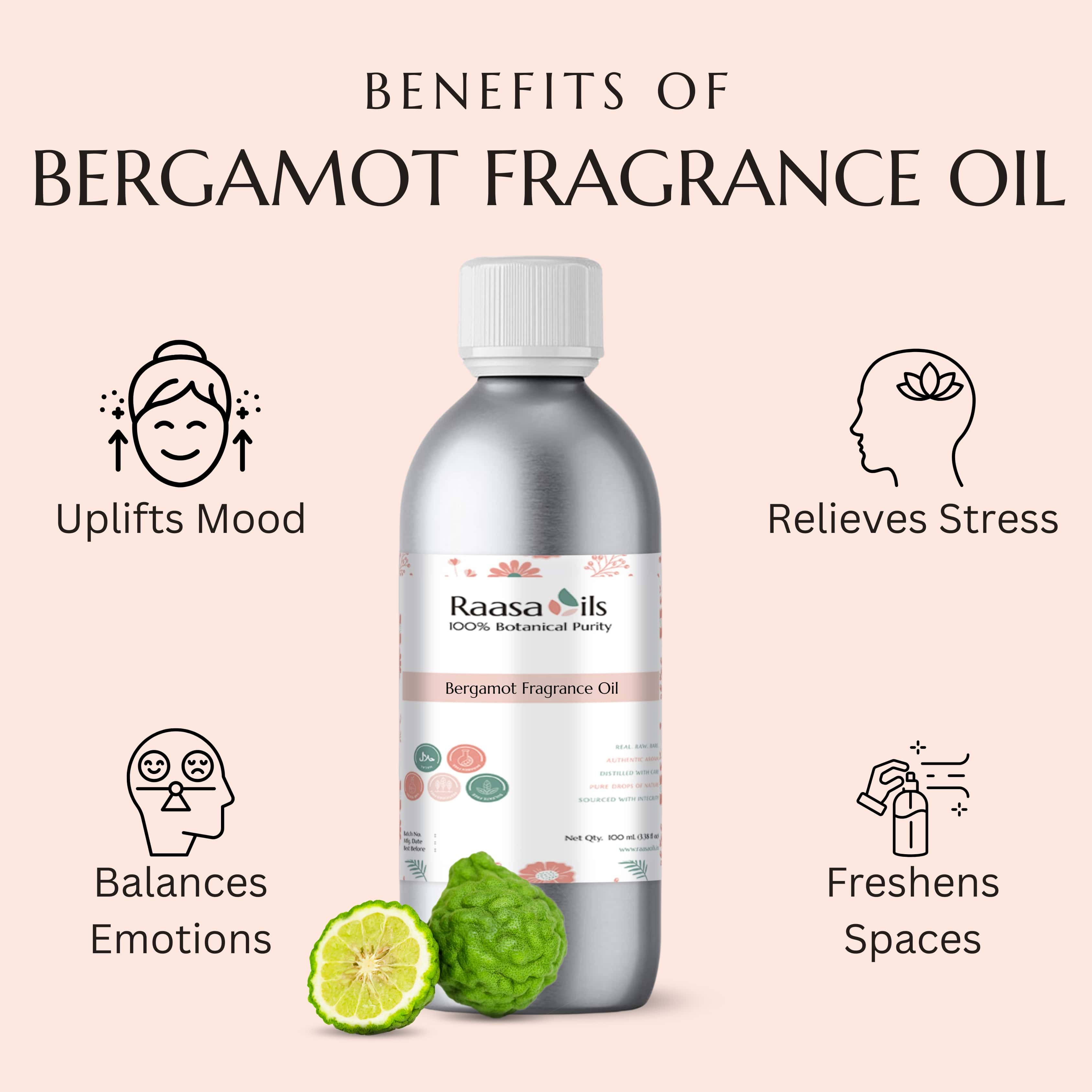 Bergamot fragrance oil bottle with benefits listed on a beige background