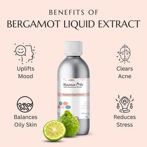 Bergamot liquid extract bottle with benefits listed on a pink background
