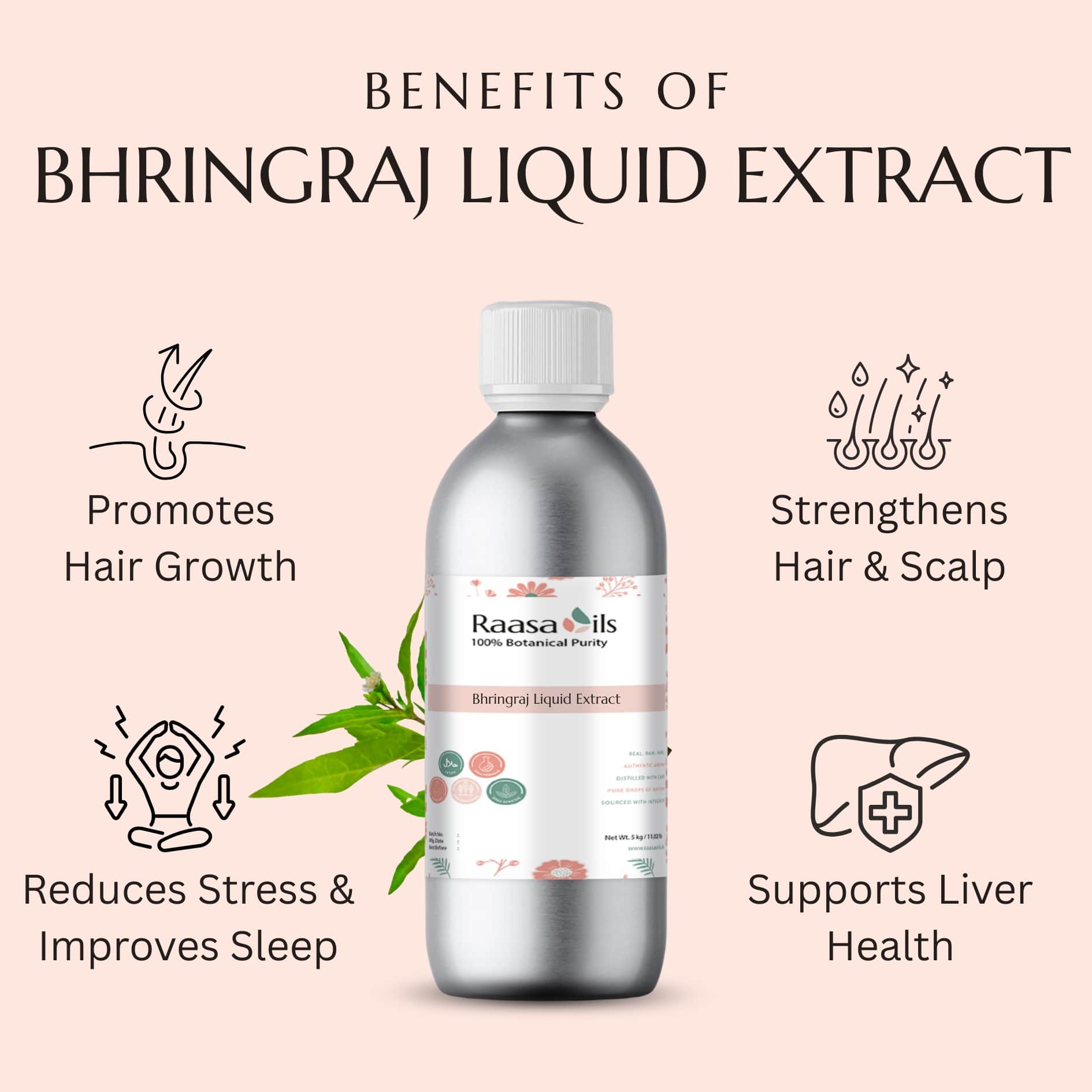 Bhringraj liquid extract bottle with benefits listed on a pink background