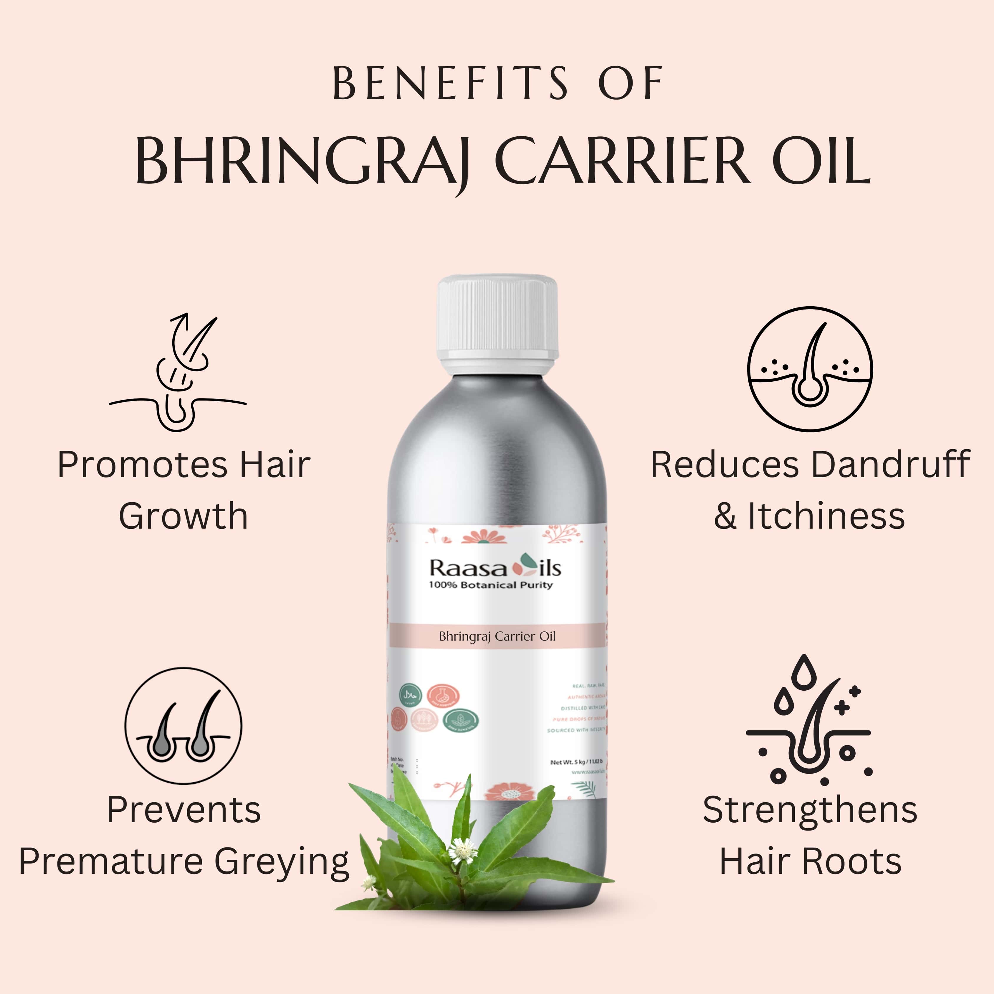 Bhringraj carrier oil bottle with benefits listed on a beige background