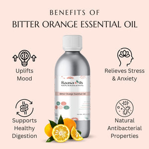Bottle of Raasa Oils Bitter Orange Essential Oil with benefits listed on a light pink background