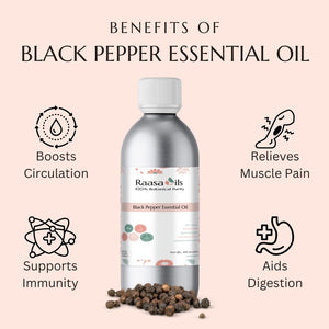 Raasa Oils Black Pepper Essential Oil bottle with benefits listed on a pink background
