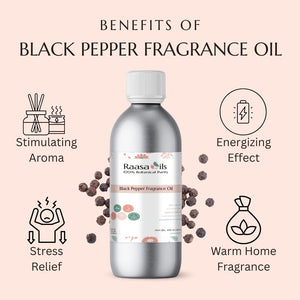 Raasa Oils Black Pepper Fragrance Oil bottle with benefits listed on a pink background