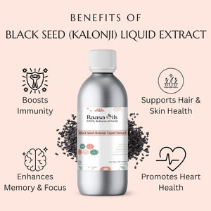 Raasa Oils Black Seed (Kalonji) Liquid Extract bottle with benefits listed on a light pink background