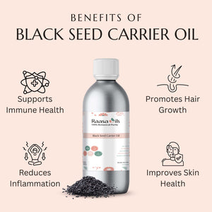Bottle of Raasa Oils Black Seed Carrier Oil with benefits listed on a beige background
