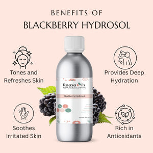 Raasa Oils Blackberry Hydrosol bottle with benefits listed on a pink background