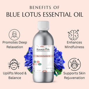 Blue Lotus essential oil bottle with benefits listed on a pink background