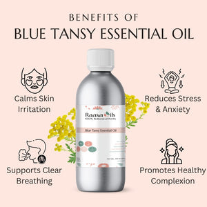 Blue Tansy Essential Oil bottle with benefits listed on a pink background