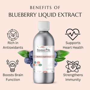 Raasa Oils Blueberry Liquid Extract bottle with benefits listed on a pink background