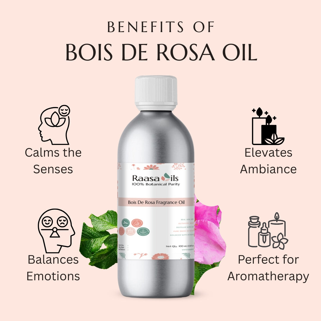 Bottle of Bois de Rosa oil with benefits listed on a pink background