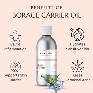 Borage carrier oil bottle with benefits listed on a pink background