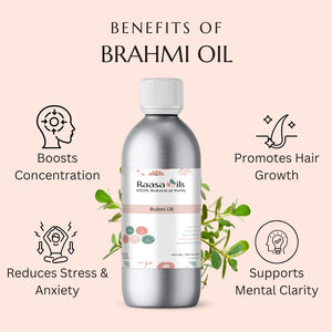 Brahmi oil bottle with benefits listed on a pink background