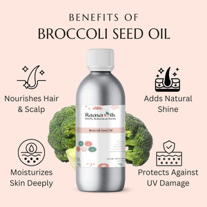 Broccoli seed oil bottle with benefits listed on a pink background